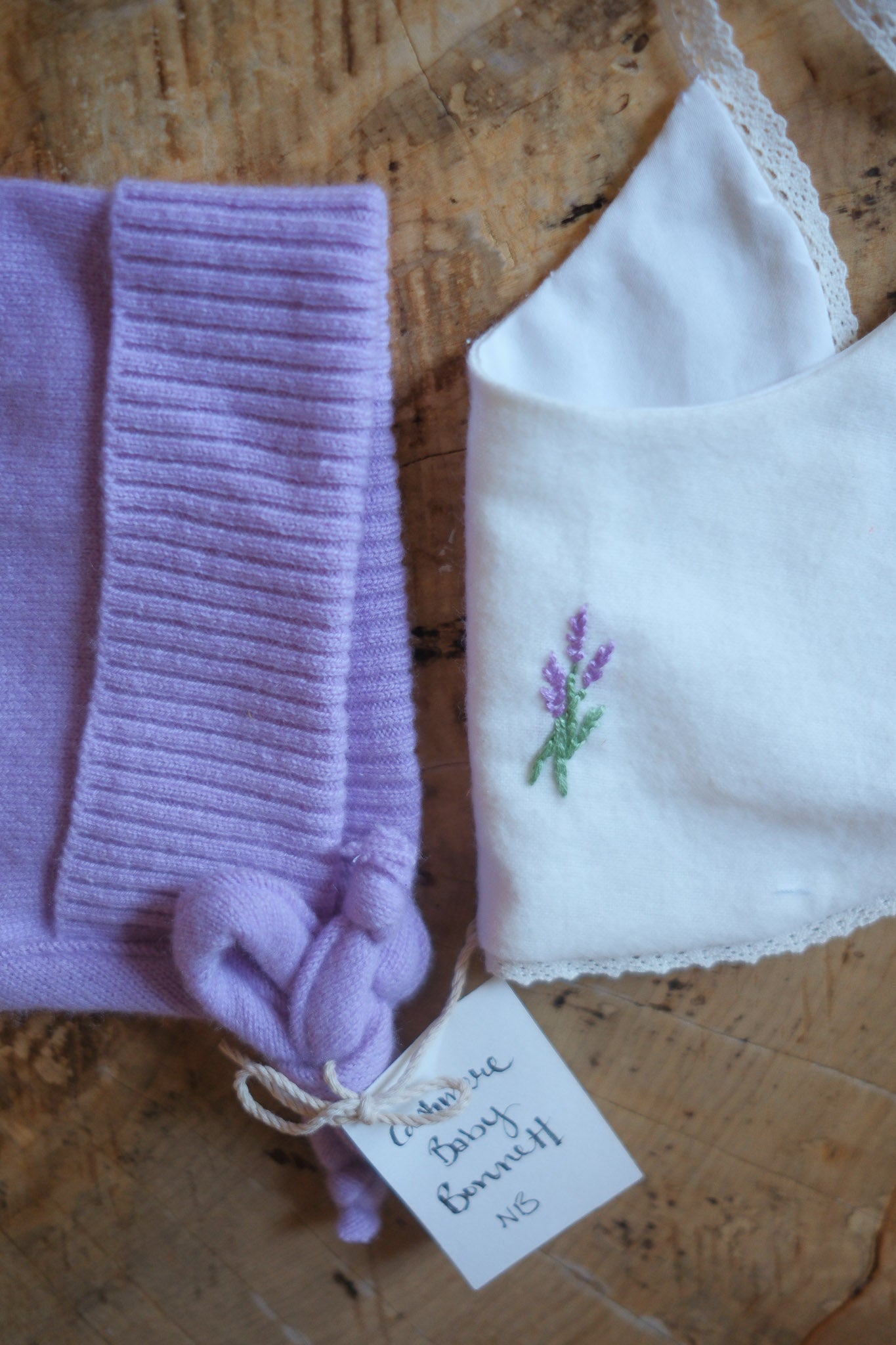 Purple Cashmere Wool Bonnet & Bib Gift Set