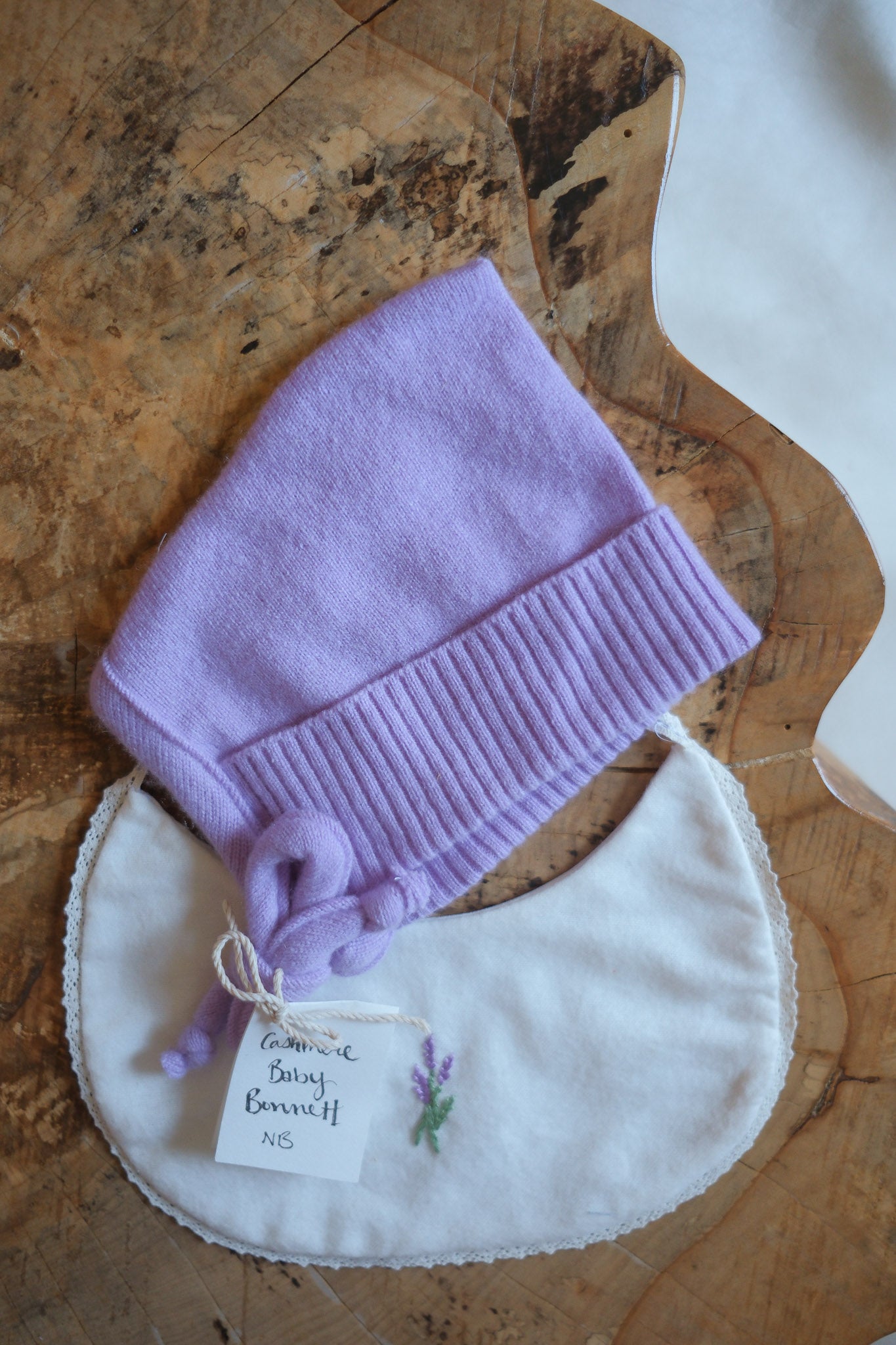 Purple Cashmere Wool Bonnet & Bib Gift Set