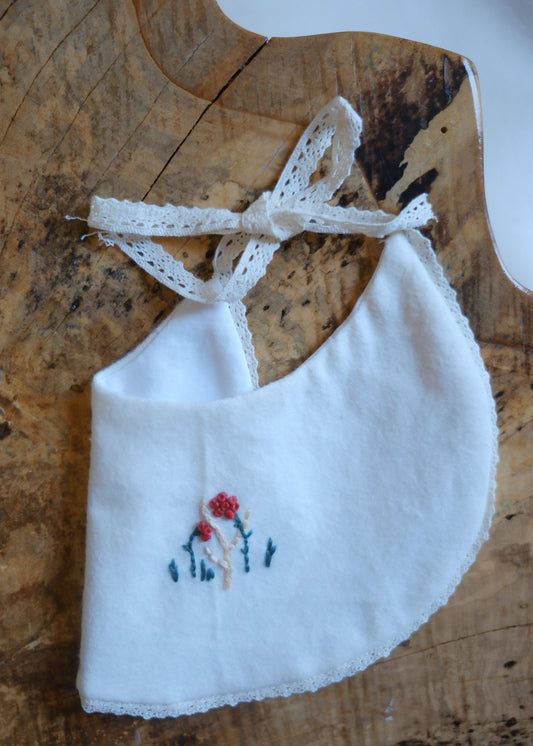 White Cotton Bib with Red Embroidered Flowers